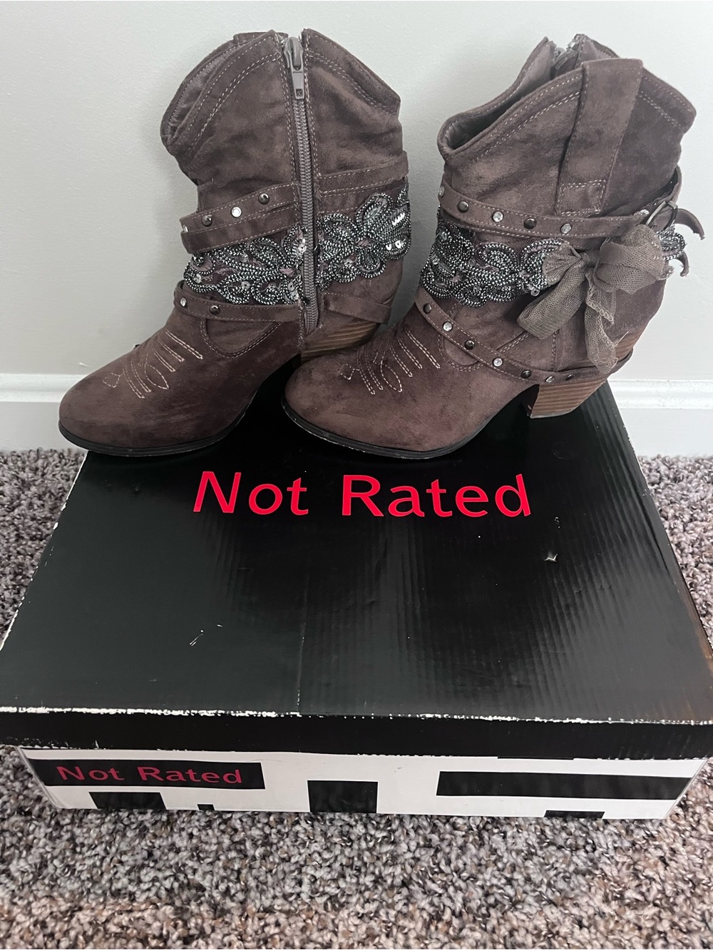 Not Rated Brown Suede Mid-Calf Heeled Boots with Beaded Wrap